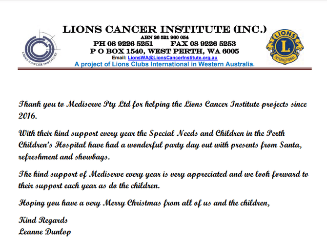 Lions Cancer Institute - Letter Of Appreciation December 2022