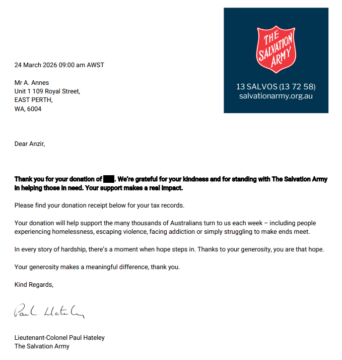 A Generous Support for The Salvation Army