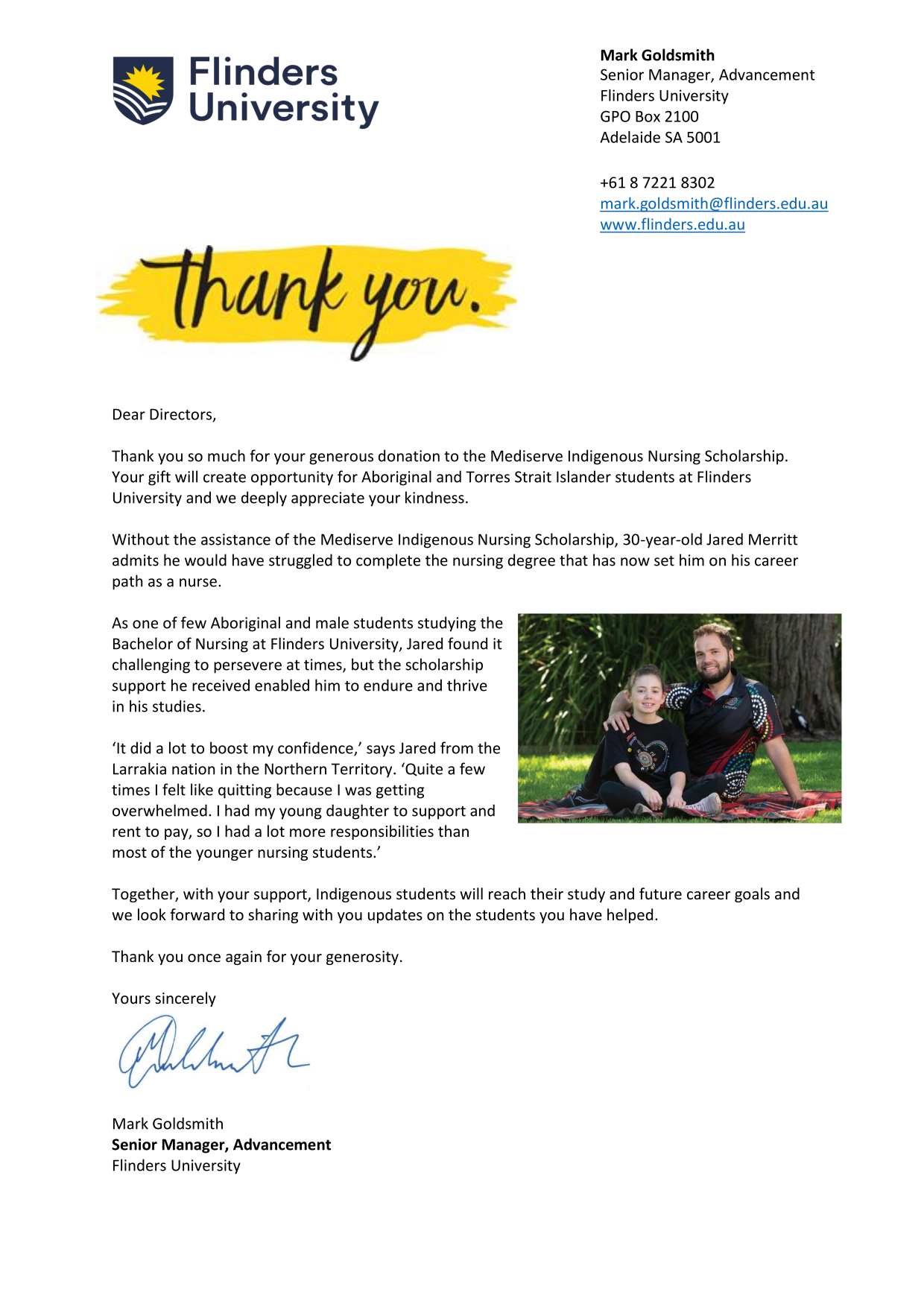 Flinders University Letter of Appreciation