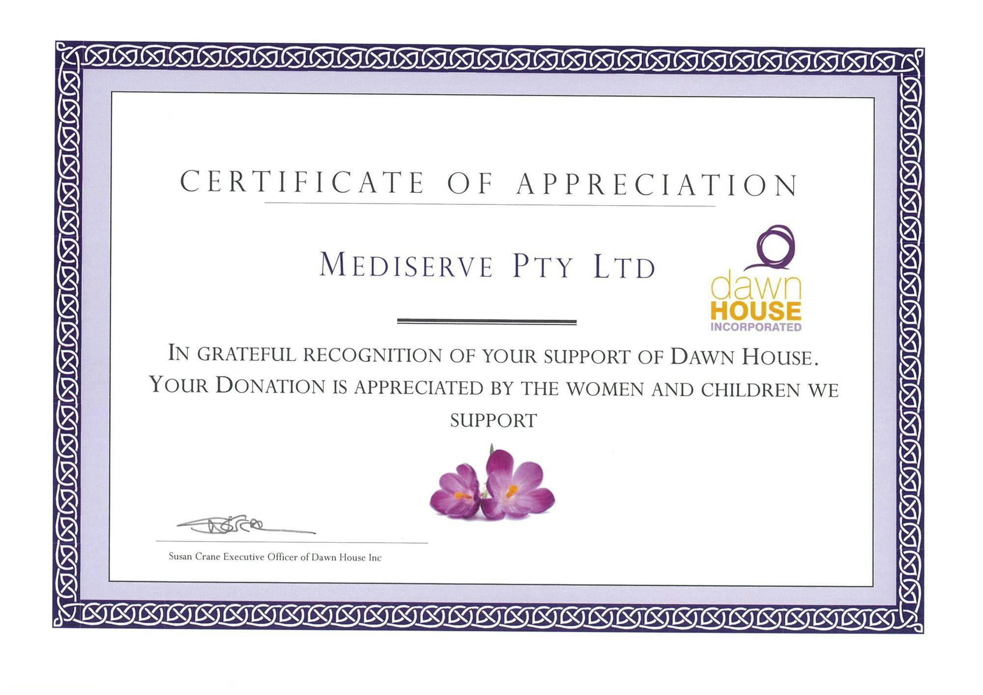 Dawn House Certificate of Appreciation